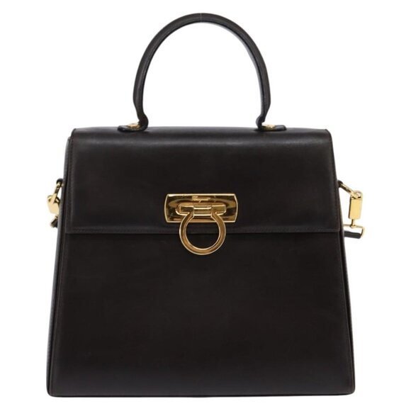 Salvatore Ferragamo Gancini Hand Bag Leather 2way Brown Gold Auth 147511 - Picture 2 of 16